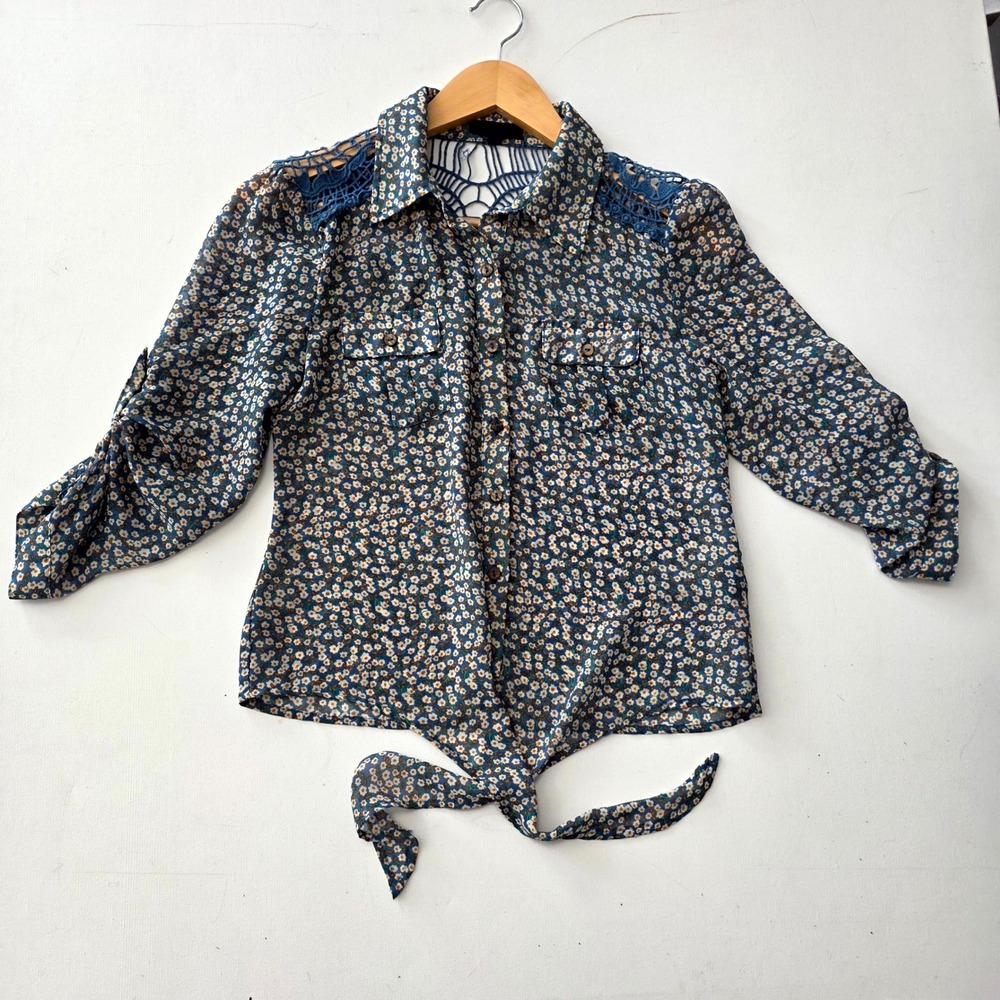 Blouse‎ Women S Blue Daisy Floral Crochet Lace Tie Front Boho TA1296 Festival